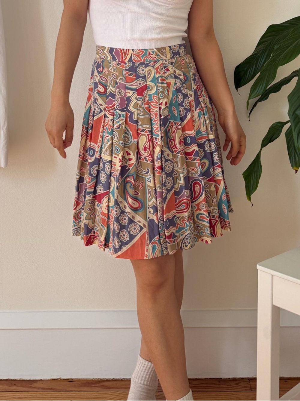 Vintage August Silk 100% Silk Pleated Paisley Print Boho Skirt Size XS Petites